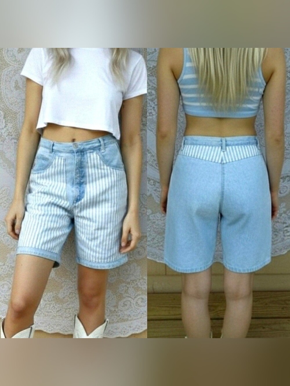 Vtg 90s Roper denim blue white striped high waist denim mom jean shorts 4/6 NWOT
